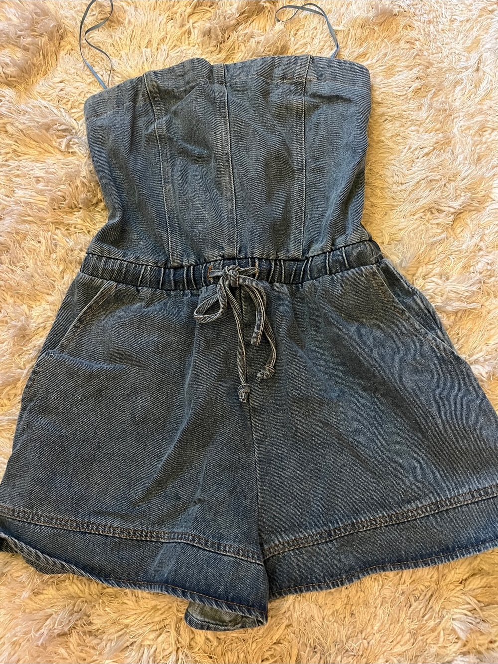 NWT Papermoon Dark Blue Denim Strapless Romper with Drawstring sz S